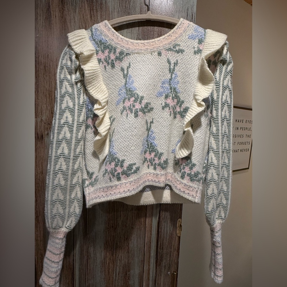 J.ING Cream Floral Knit Sweater with Ruffles
